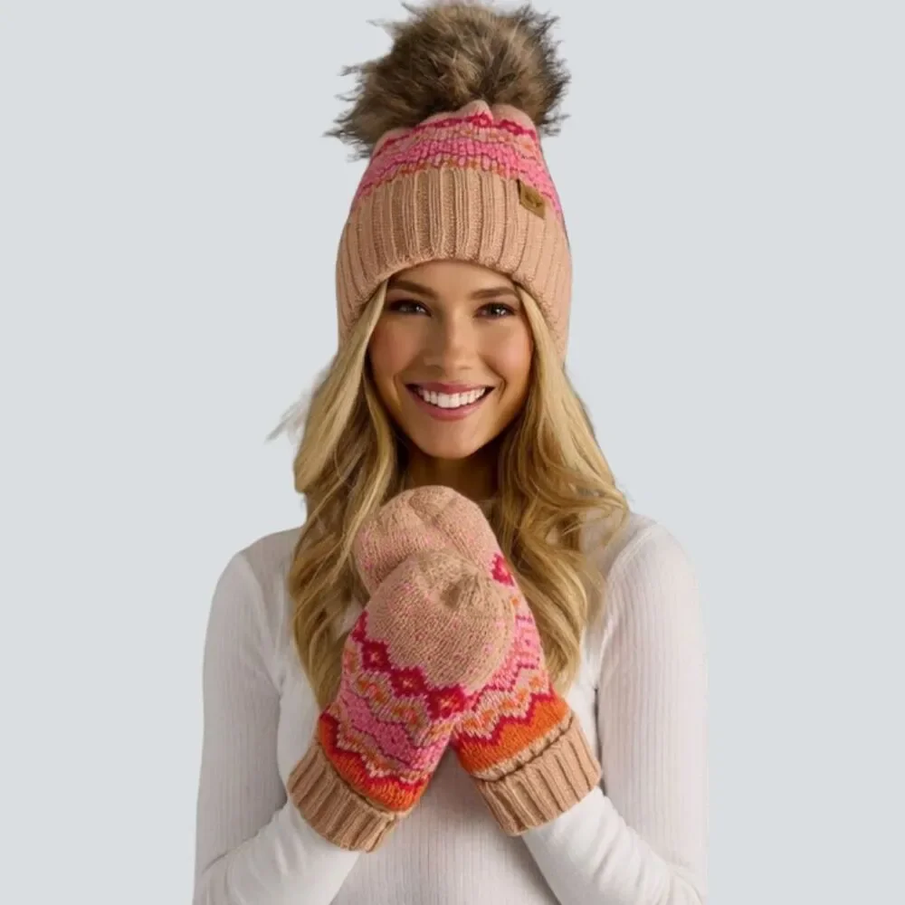 PANACHE Blush Pink & Orange Patterned Fleece Lined Pom Pom Beanie Hat